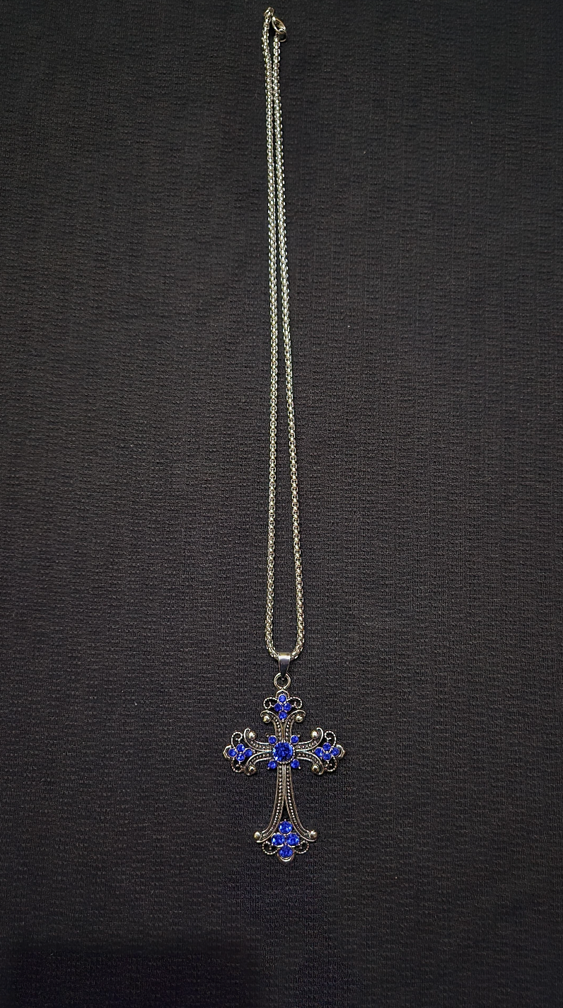 The Royal Sapphire Cross: Ornate Blue Crystal Filigree Pendant