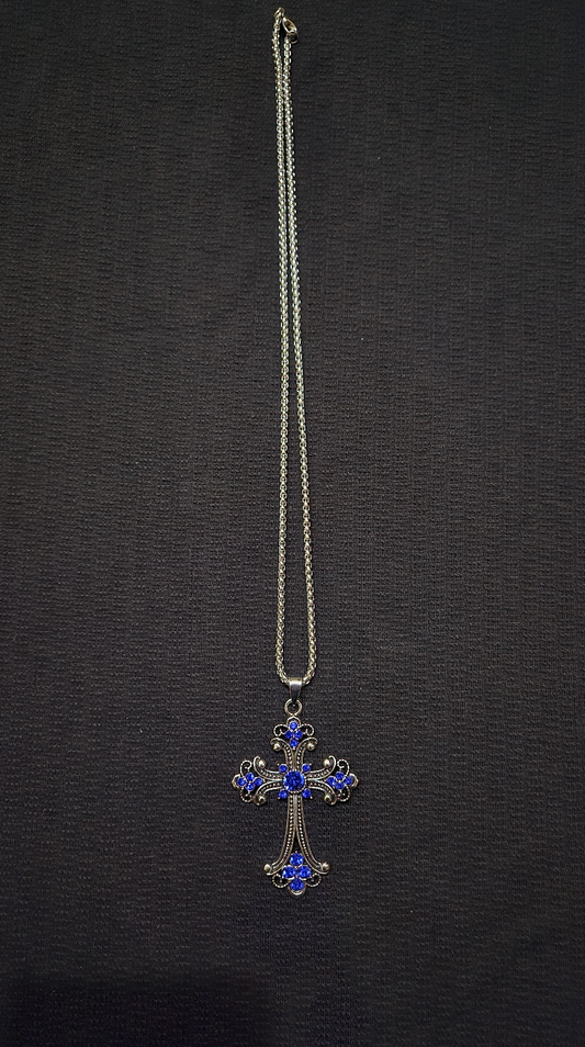The Royal Sapphire Cross: Ornate Blue Crystal Filigree Pendant