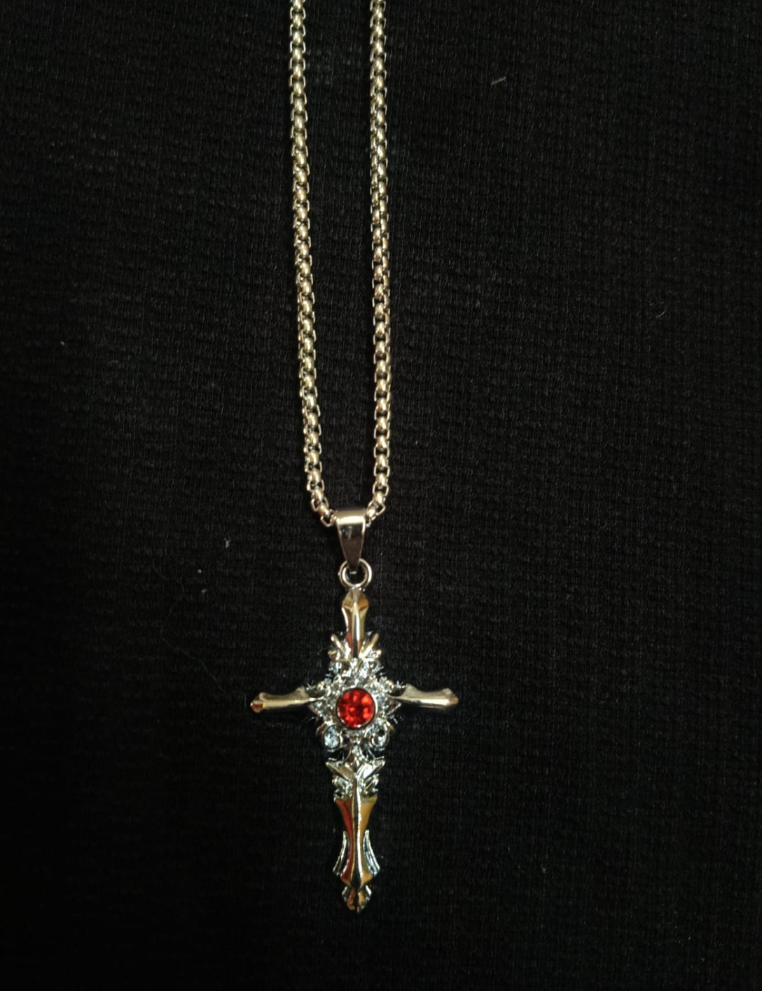 Crimson Baroque Cross Pendant – Silver Finish with Ruby Red Crystal