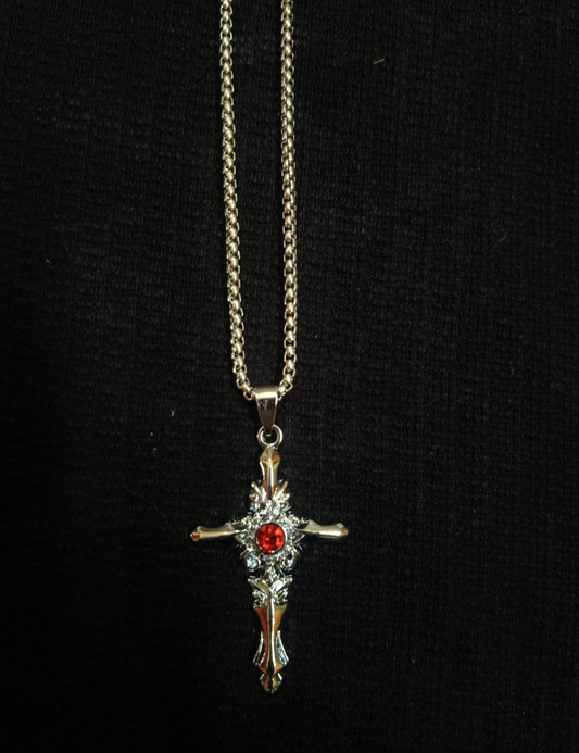 Crimson Baroque Cross Pendant – Silver Finish with Ruby Red Crystal