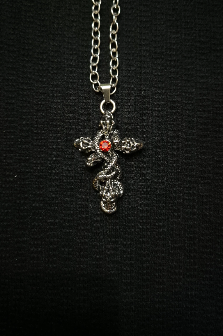 Crimson Guardian: Gothic Snake Cross with Red Crystal
