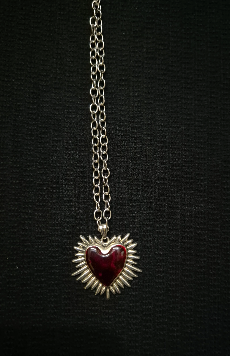 The Radiant Heart: Crimson Sunburst Gothic Pendant