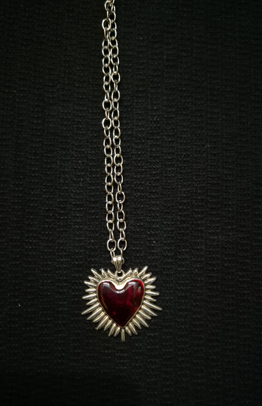 The Radiant Heart: Crimson Sunburst Gothic Pendant