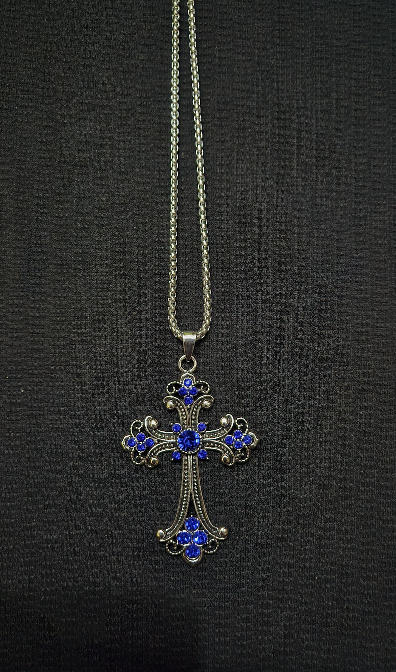The Royal Sapphire Cross: Ornate Blue Crystal Filigree Pendant