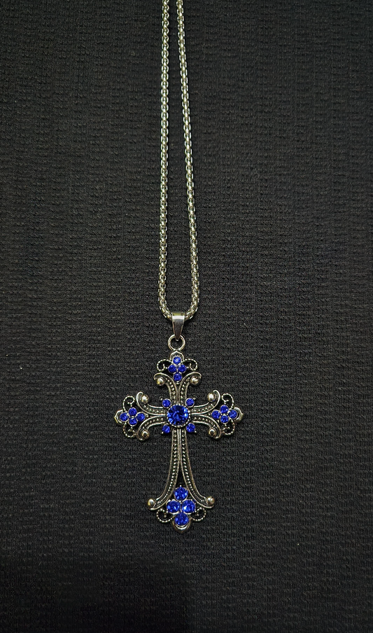 The Royal Sapphire Cross: Ornate Blue Crystal Filigree Pendant
