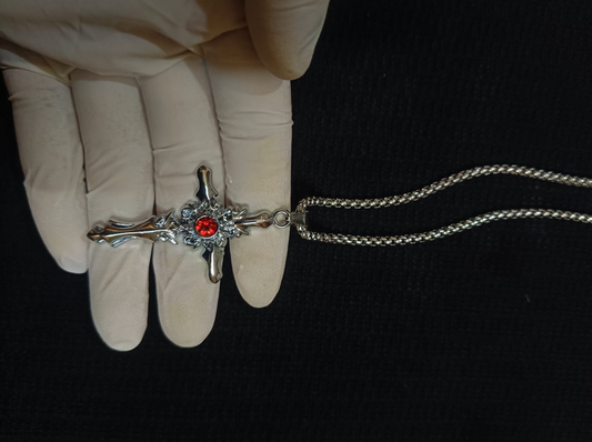 Crimson Baroque Cross Pendant – Silver Finish with Ruby Red Crystal