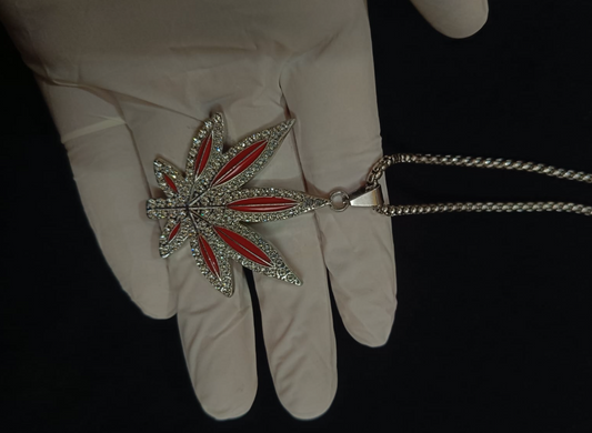 The Crimson Kush: Iced-Out Red Leaf Pendant