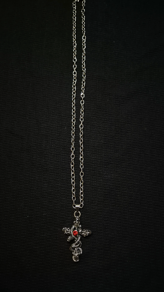 Crimson Guardian: Gothic Snake Cross with Red Crystal